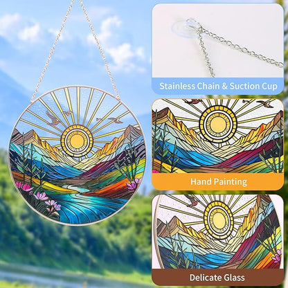 Sun Mountains Stained Glass Window Hanging Suncatcher – 9.9” Sun Catcher Glass Panel with Chain, Hand-Painted Round Glass Art, Gift for Women Mother's Day Christmas