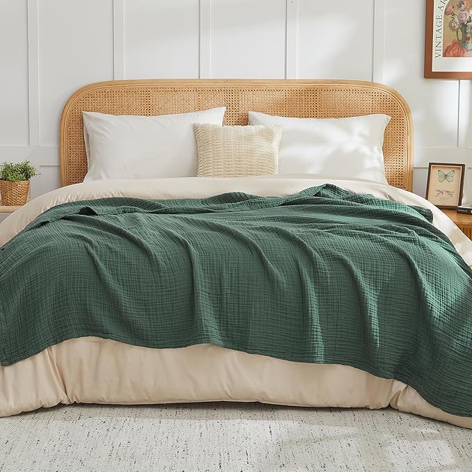 EMME Cotton Muslin Twin XL Blanket Breathable Gauze Blanket Soft Lightweight Blankets Adults Gifts for Women (Forest Green, 66"x90")