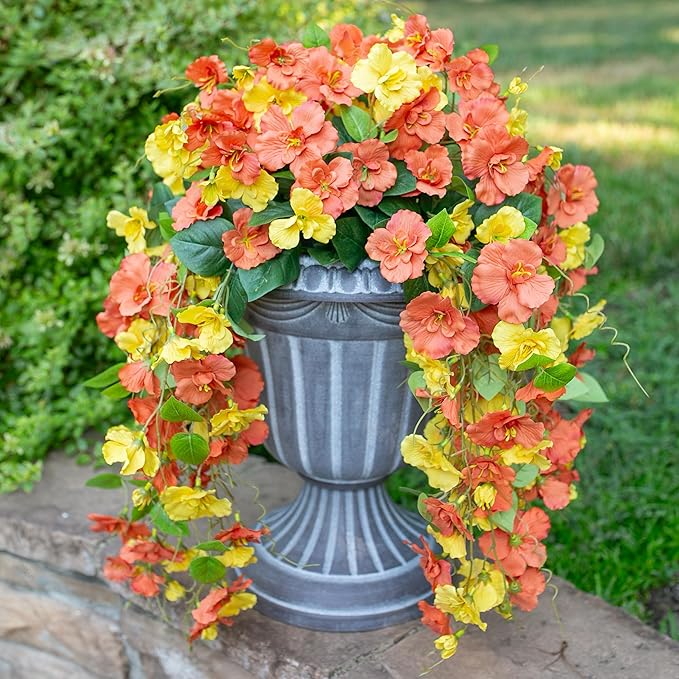 HyeFlora Hibiscus Fall Flowers Artificial Hanging Flowers Plants for Outdoors Autumn Decoration, 4pcs Silk Hibiscus Vines Realistic UV Resistant Faux Flowers for Outside Planters Yard Garden Home, Mix