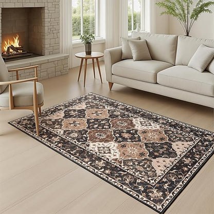 Lessymo Large Entryway Rug 3x5, Moroccan Washable Area Rugs for Large Kitchen, Bedroom Bedside, Living Room, Non Slip Low Pile Carpet with Rubber Backing Non Slip, Taupe and Beige