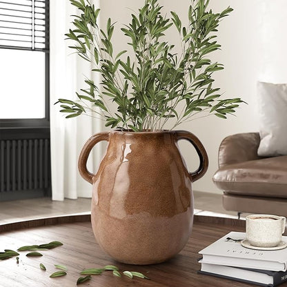 Antique Brown Ceramic Vase with Handles, Rustic Farmhouse Decor, 7 Inch Glazed Pottery Flower Vases for Home Decor, Handmade Decorative Vase for Flowers, Bouquet, Table, Kitchen, Living Room