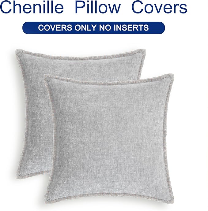 CaliTime Throw Pillow Covers Decorative 20 X 20 Inches Pack of 2 Cotton Thread Stitching Edges Solid Dyed Soft Chenille Cushion Cases for Couch Sofa Bed Living Room Farmhouse Moonbeam Gray