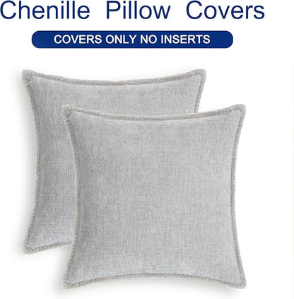 CaliTime Throw Pillow Covers Decorative 24 X 24 Inches Pack of 2 Cotton Thread Stitching Edges Solid Dyed Soft Chenille Cushion Cases for Couch Sofa Bed Living Room Farmhouse Moonbeam Gray