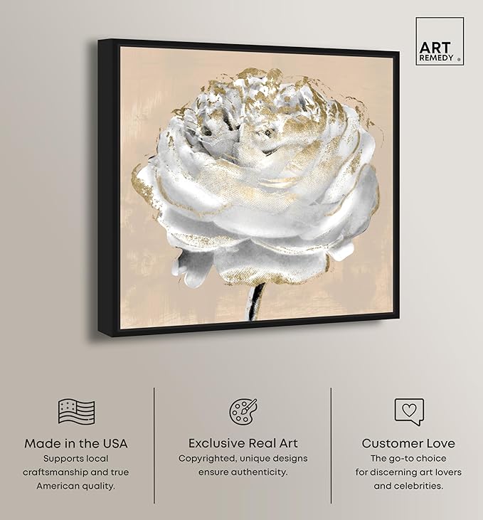 Art Remedy Beige Ranunculus Canvas Elegant White Gold Wall Art, Black Frame, 12" x 12"
