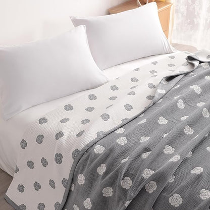 NTBAY 3 Layers Cotton Muslin 68x92 Twin Bed Blanket, Super Soft Breathable Thermal Yarn Dyed Quilt for Adults, Perfect Lightweight Blanket for Couch Sofa Bed All Seasons, Grey Rose