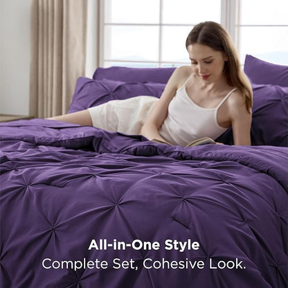 Bedsure California King Comforter Set Purple - Bed in a Bag Cal King Bedding Set 7 Pieces, GentleSoft™ Pintuck Bed Set Gift for Family, Pinch Pleat Purple Comforter with Sheets, Pillowcases & Shams
