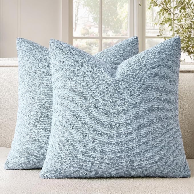 Woaboy Pack of 2 18x18 Inch Decorative Boucle Throw Pillow Covers Textured Square Pillowcaes Accent Solid Cozy Soft Cushion Covers Home Decor for Sofa Couch Living Room Home Decor,Coastal Light Blue