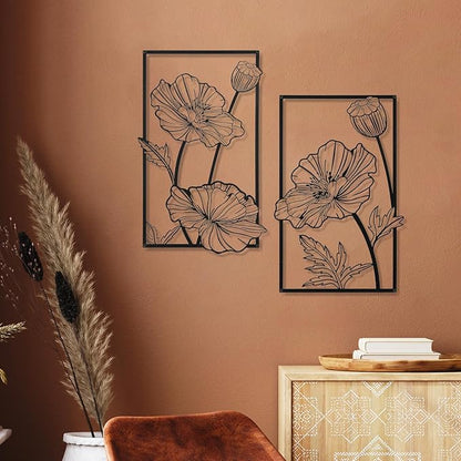 Therwen 3 Pcs Black Metal Wall Art Minimalist Wall Decor for Bedroom Flowers Decor Hanging Flower Bathroom Art Flower Line Sculpture Kitchen Decoration 16.5 x 9.8 Inch
