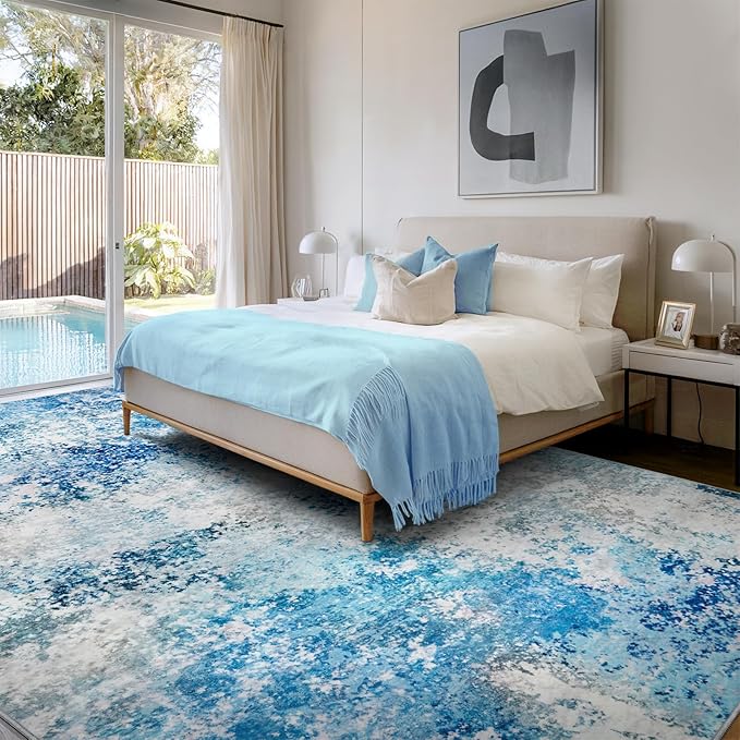 8x10 Area Rugs Living Room Rug - Washable Neutral Modern Abstract Large No Slip Soft Thin Rug Indoor Floor Carpet for Bedroom Under Dining Table Home Office Nursery Room - Blue White