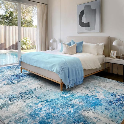 8x10 Area Rugs Living Room Rug - Washable Neutral Modern Abstract Large No Slip Soft Thin Rug Indoor Floor Carpet for Bedroom Under Dining Table Home Office Nursery Room - Blue White