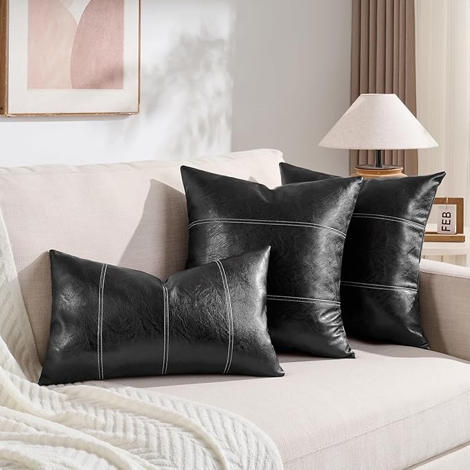 Fancy Homi 2 Packs Black Long Lumbar Faux Leather Decorative Throw Pillow Covers 14x24 Inch for Living Room Couch Bed Sofa, Boho Farmhouse Home Decor, Hand Stitched Rectangle Cushion Case 35x60 cm