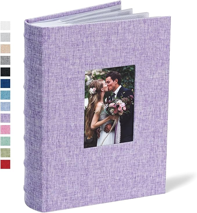 Vienrose Photo Album 4x6 300 Photos Linen Frame Cover with Memo Areas Photobook Large Capacity Slip-in Pictures Book for Wedding Baby Vacation, Purple