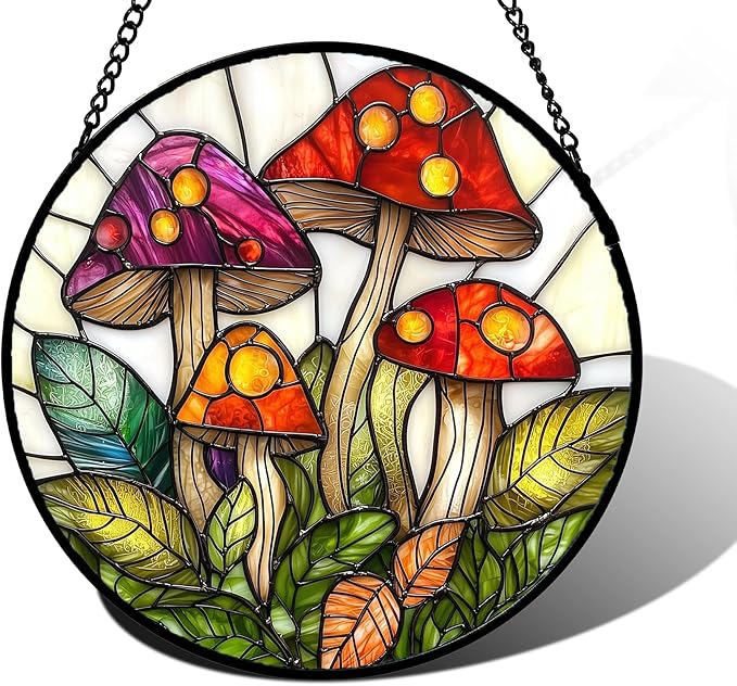 DASTOLL Stained Glass Window Hanging, Mushroom Leaves Suncatcher for Doors Home Sun Catchers Decoration and Christmas, Mother's Day Birthday Gifts for Women, Men, and Mom 6.3 in