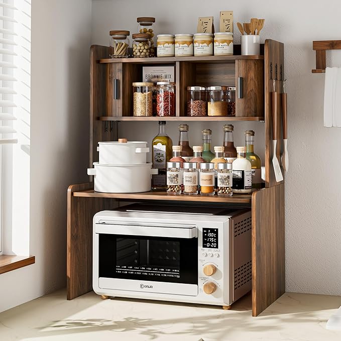 Microwave Stand with Storage, 31 x 23 Inch Mid Century Modern Kitchen Countertop Organizer, Over Fluted Microwave Counter Shelf Rack with Sliding Door, Space Saving, Wooden, Walnut
