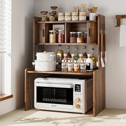 Microwave Stand with Storage, 31 x 23 Inch Mid Century Modern Kitchen Countertop Organizer, Over Fluted Microwave Counter Shelf Rack with Sliding Door, Space Saving, Wooden, Walnut