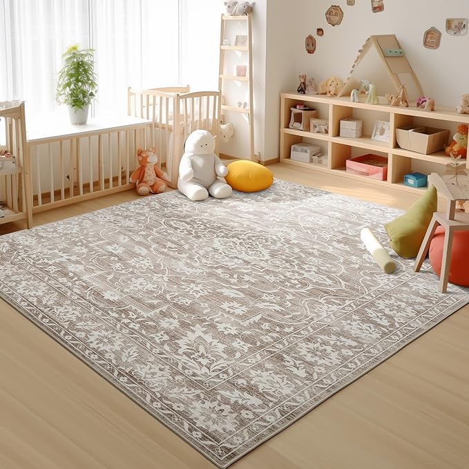 Area Rugs 4x6 for Living Room, Stain Resistant Neutral Washable Rugs for Dining Room, Kitchen, Floral Vintage Non-Slip Area Rug Farmhouse 4x6 Rug Light Brown