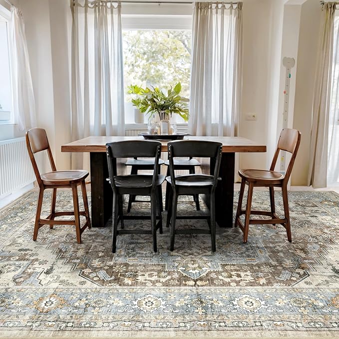 Area Rugs 5x7 - Machine Washable Vintage Oriental Soft Rug, Low Pile Thin Floor Carpet with Non Slip Backing for Living Room, Bedroom,Dorm, Kitchen, Indoor House, Office Rolling Chair