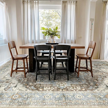 Area Rugs 5x7 - Machine Washable Vintage Oriental Soft Rug, Low Pile Thin Floor Carpet with Non Slip Backing for Living Room, Bedroom,Dorm, Kitchen, Indoor House, Office Rolling Chair
