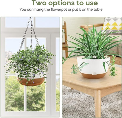 12/10/8 Inch Hanging Planter, Hanging Plastic Plant Self Watering Pot with Drainage Holes and Saucers, Hanging Baskets Flower Pots for Indoor Outdoor Garden Plants and Flowers,Set of 3-White