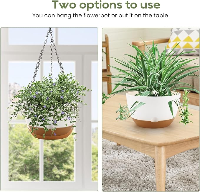 8.3 Inch Hanging Planter, 3 Pack Hanging Plastic Plant Self Watering Pot with Drainage Holes and Saucers, Hanging Baskets Flower Pots for Indoor Outdoor Garden Plants and Flowers-White