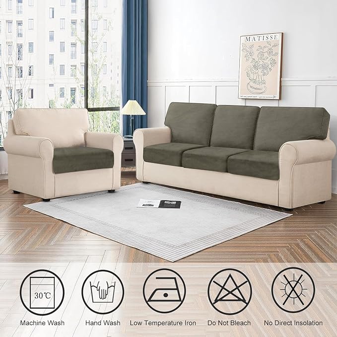 Couch Cushion Cover Velvet 1 Piece Seat Cushion Cover Stretch Armchair Cover Separate Sectional Sofa Slipcovers Furniture Protector (1-Seater or Sofa Backrest, Olive Green)
