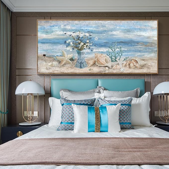 Nicetop Extra Large Framed Canvas Wall Art for Living Room Blue Ocean Theme Seascape Painting Beach Daisy Flower in Vase Coastal Landscape Calm Seaside Artwork for Sea Lake Bedroom Office 32x71inch