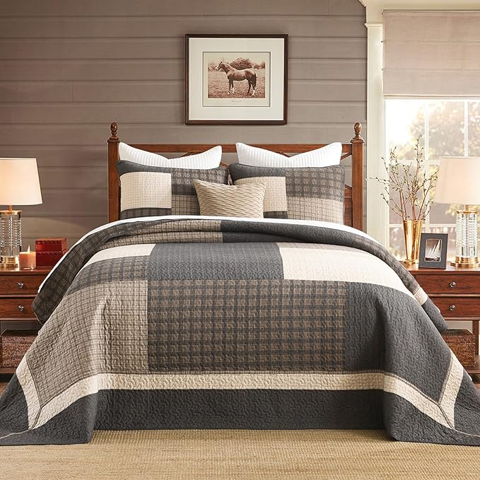 Oversized Quilt Bedspread 120"x120", 100% Cotton Patchwork King Bedspreads Coverlet Set with Pillow Cases, Lightweight Quilted Farmhouse Bedding Cover, 3 Piece, Brown/Beige/Gray
