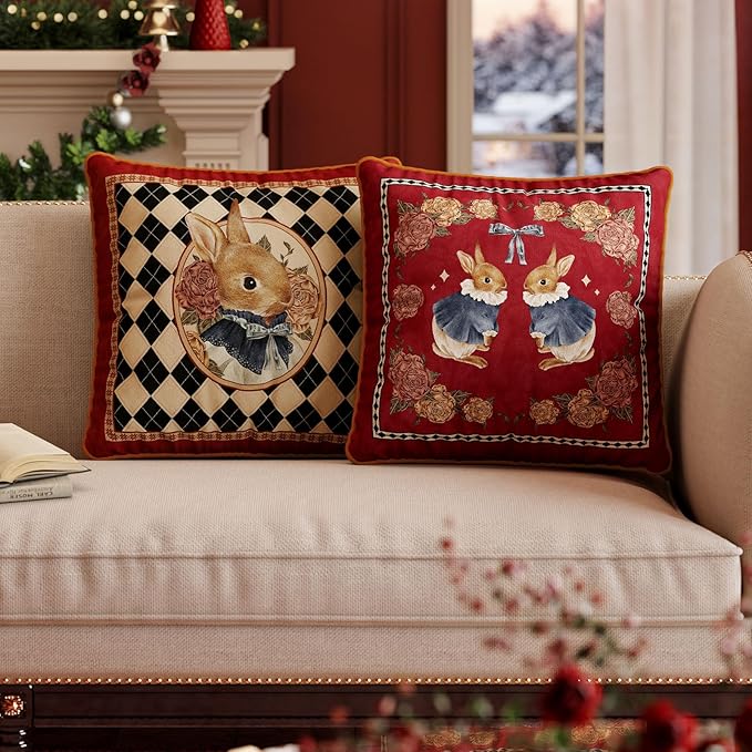 Easter Bunny Floral Red Pillow Cover Decorations, Velvet Euro Sham Covers Decorative Throw Pillow Covers 18x18 for Couch Sofa Bed Home Decor