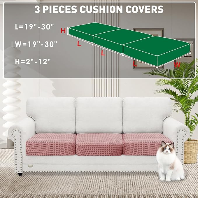 MAXIJIN Couch Cushion Covers for Sectional Sofa, Stretch Sofa Cushion Cover Washable Furniture Protector with Elastic Bottom & Non-Slip Strap for Pets Kids (3PC Seat Cover, Pink)
