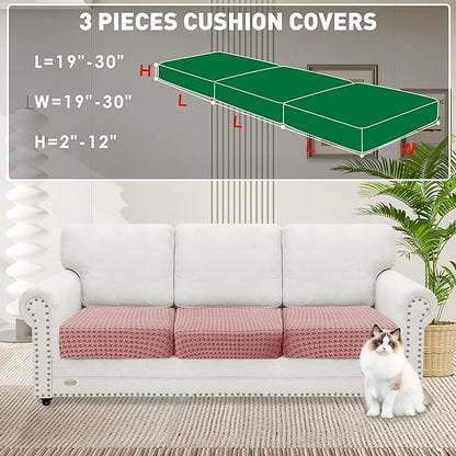 MAXIJIN Couch Cushion Covers for Sectional Sofa, Stretch Sofa Cushion Cover Washable Furniture Protector with Elastic Bottom & Non-Slip Strap for Pets Kids (3PC Seat Cover, Pink)