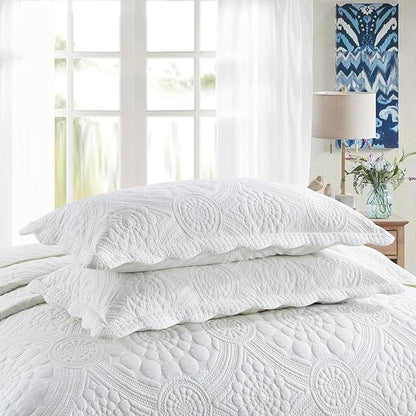 MarCielo 100% Cotton Quilt Set - 3-Piece Embroidered Farmhouse Bedspread & Shams, All-Season Breathable Bedding (Tf Bright White,Queen)
