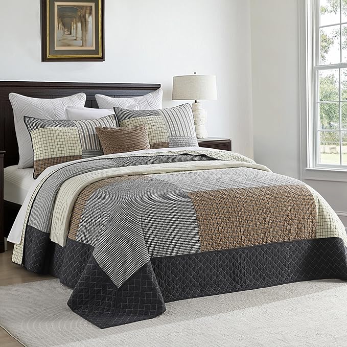 Oversized Quilt Bedspread 128"x120", 100% Cotton Patchwork Cal King Bedspreads Coverlet Set with Pillow Shams, Lightweight Quilted Farmhouse Bedding Cover, Brown/Beige/Gray