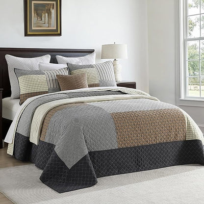 Oversized Quilt Bedspread 128"x120", 100% Cotton Patchwork Cal King Bedspreads Coverlet Set with Pillow Shams, Lightweight Quilted Farmhouse Bedding Cover, Brown/Beige/Gray
