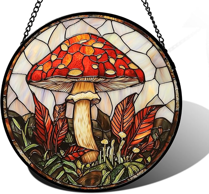 DASTOLL Stained Glass Window Hanging, Big Red Mushroom Suncatcher for Doors Home Sun Catchers Decoration and Christmas, Mother's Day Birthday Gifts for Women, Men, and Mom 9.8 in