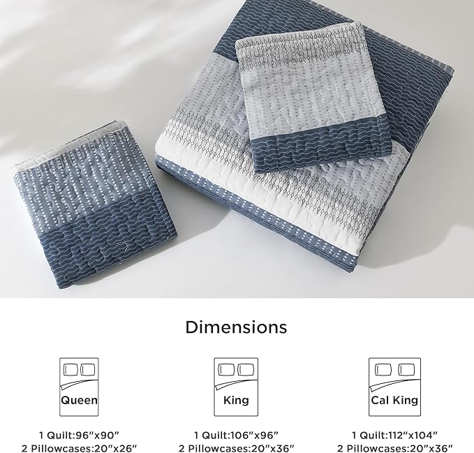 Litanika Queen Quilt Set Navy Blue, Stripe Patchwork Bedspread Coverlet 3 Pieces, Lightweight Microfiber Summer Quilt Bedding Set(1 Quilt, 2 Pillowcases)