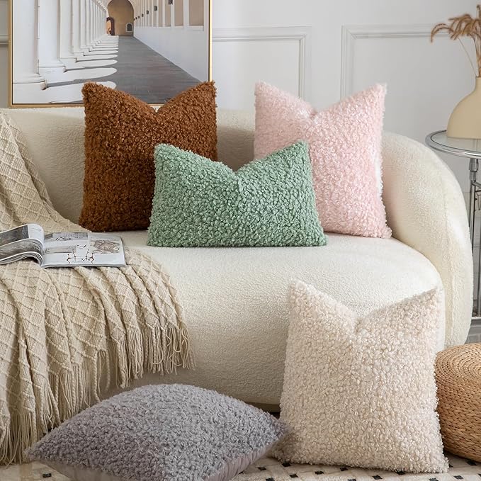 Yaertun Pack of 2 Faux Fur Throw Pillow Covers Decorative Sherpa Boucle Pillow Covers Fuzzy Soft Pillowcases Sheepskin Fleece Cushion Case for Couch Sofa Bed Living Room 26x26 Inch Light Grey