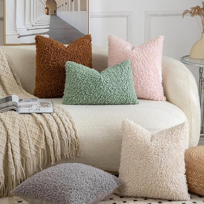 Yaertun Pack of 2 Faux Fur Throw Pillow Covers Decorative Sherpa Boucle Pillow Covers Fuzzy Soft Pillowcases Sheepskin Fleece Cushion Case for Couch Sofa Bed Living Room 12x20 Inch Light Grey