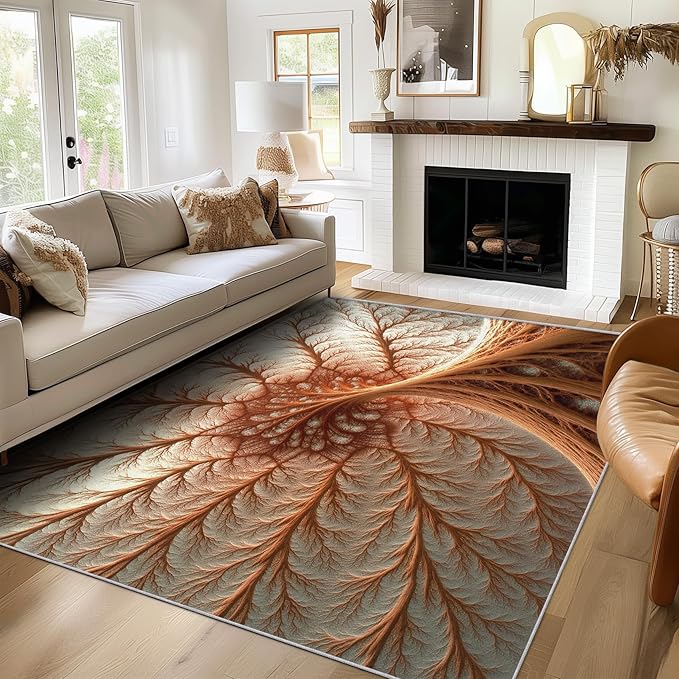 Abstract Art Rug 4x6, Washable Fractal Rugs for Living Room Bedroom, Contemporary Aesthetic Area Rug for Home Decor, Non Slip Backing Floor Carpet with Gripper - 4 x 6 ft
