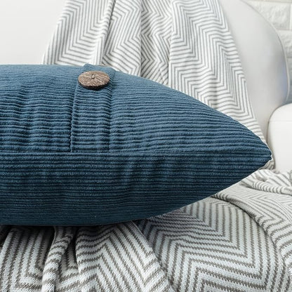 HWY 50 Blue Chenille Throw Pillow Covers 16x16 Inch with Triple Buttons, Soft Farmhouse Accent Decorative Cushion Cases for Couch Sofa Bed Living Room Pack of 2