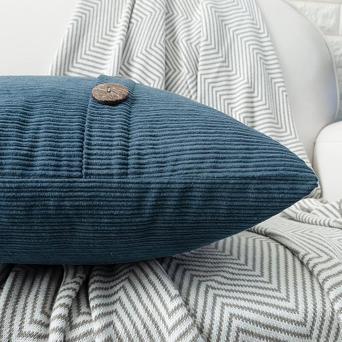 HWY 50 Blue Chenille Throw Pillow Covers 18x18 Inch with Triple Buttons, Soft Farmhouse Accent Decorative Cushion Cases for Couch Sofa Bed Living Room Pack of 2