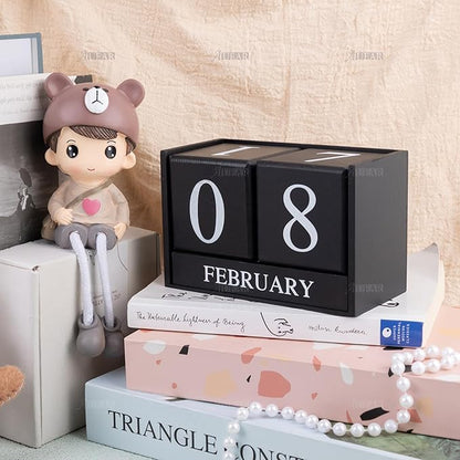 AUEAR, Wooden Block Perpetual Desk Calendar Desktop Cube Rustic Chic Number for Home Office Decoration Large (Black)