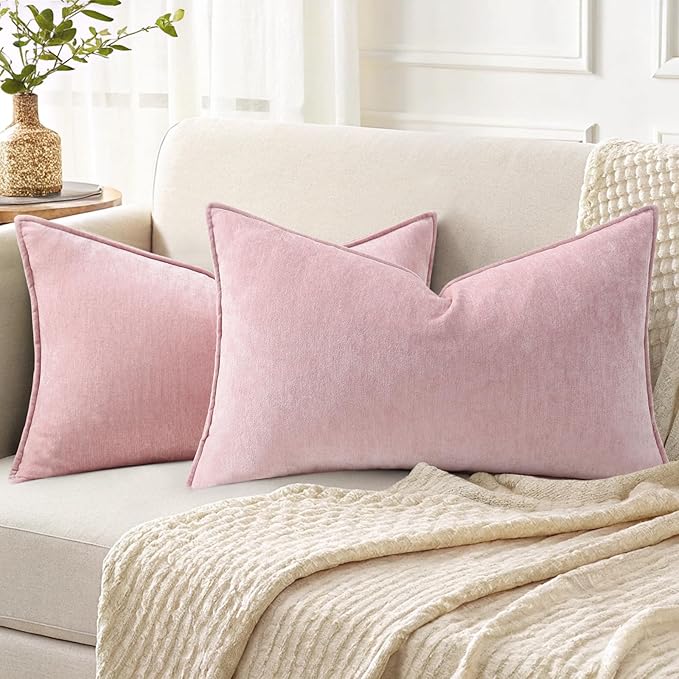 decorUhome Spring Couch Throw Pillow Covers 12x20 Set of 2, Decorative Soft Velvet Neutral Chenille Lumbar Pillow Covers with Elegant Design for Sofa Bed Living Room Home Decor, Blush Pink