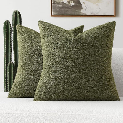 FUTEI Pack of 2 Moss Green Decorative Throw Pillow Covers 22x22 Inch Soft Cozy Solid Boucle Textured Cushion Case,Modern Home Decor for Couch Bed Living Room