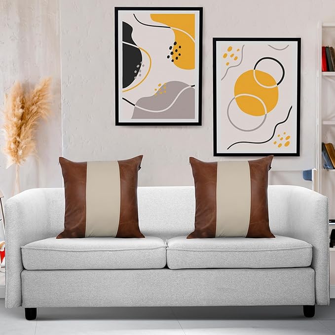 LL LEATHER LOVERS Lambskin Leather Pillow Cover - Sofa Cushion Case - Decorative Throw Covers for Living Room & Bedroom, 22x22 Inches - Tan & Off-White Pack of 1