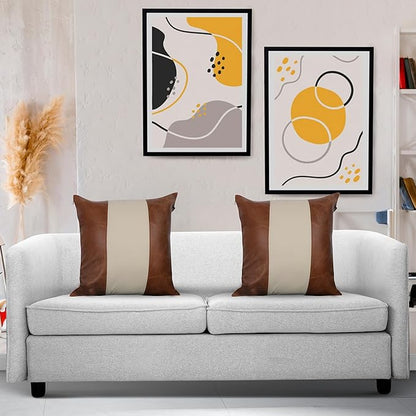 LL LEATHER LOVERS Lambskin Leather Pillow Cover - Sofa Cushion Case - Decorative Throw Covers for Living Room & Bedroom, 14x14 Inches - Tan & Off-White Pack of 1