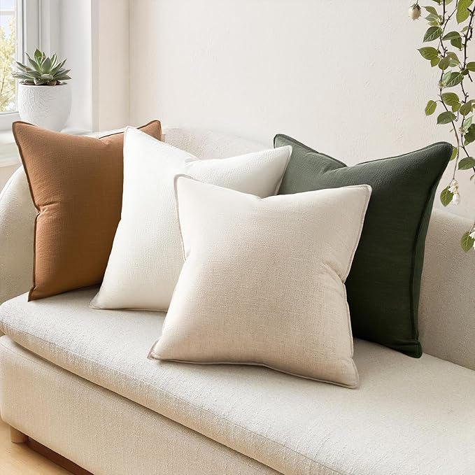GoldOlive Solid Linen Pillow Covers Pack of 4 Decorative OliveGreen Press Edge Design Throw Pillow Covers Soft Accent Boho Couch Pillowcases Farmhouse for Living Room Bed Sofa 16x16 Inch