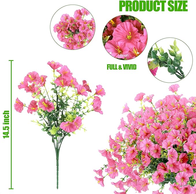 Artificial Flowers for Outdoors 12 Bundles Realistic Faux Plants UV Resistant Fake Silk Morning Glory with Eucalyptus for Front Door Planter Patio Porch Outside Spring Summer Decoration (Pink)