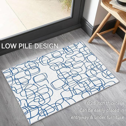 Abstract Rugs - Abstract Contemporary Rug, 3x4 Rug, Minimalist Boho Blue and White Line Art Area Rug & Room Decor, Modern Carpet & Home Decor, Washable Non Slip Anti Skid Rugs
