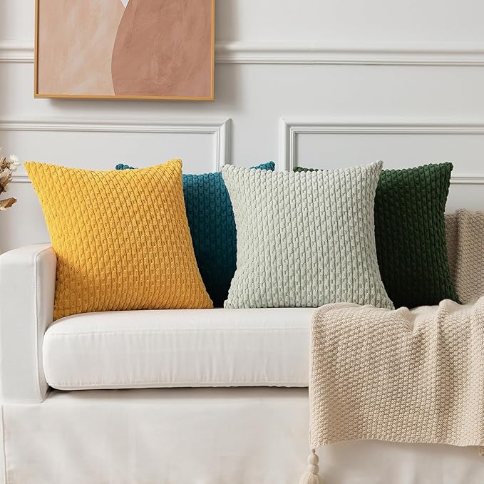 Kevin Textile 2 Packs Yellow Euro Farmhouse Decorative Throw Pillow Covers 26x26 Inch for Living Room Couch Bed Sofa Rustic Boho Home Decor Soft Striped Corduroy Square Cushion Case 66x66 cm