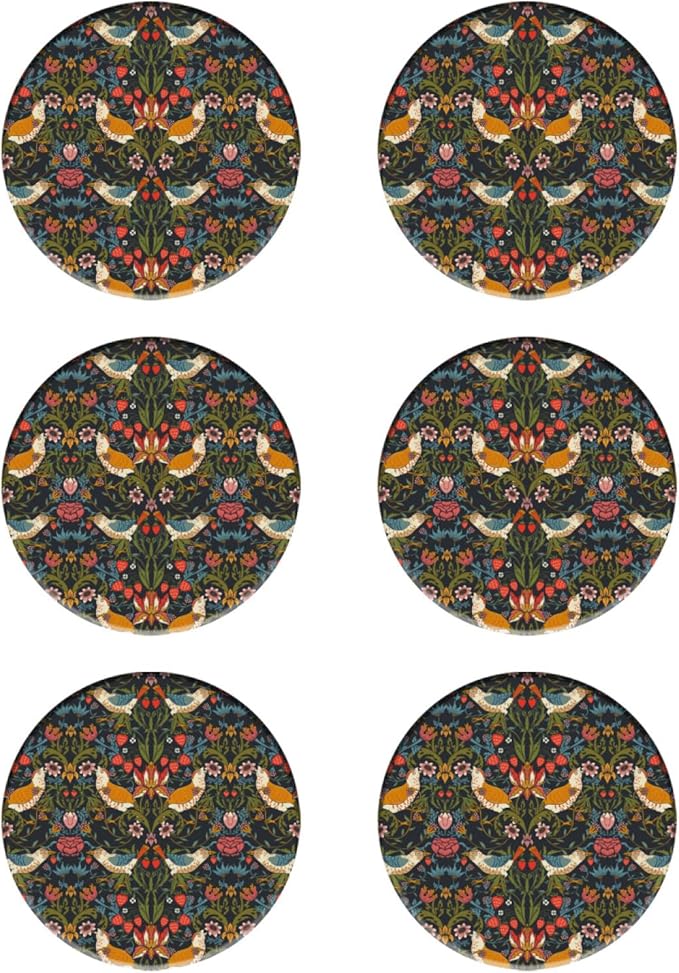 Coasters Set of 6 Strawberry Thief Pattern Ceramic Drink Coaster with Cork Base Modern Style Coasters for Mugs and Cups Office Kitchen 4 in